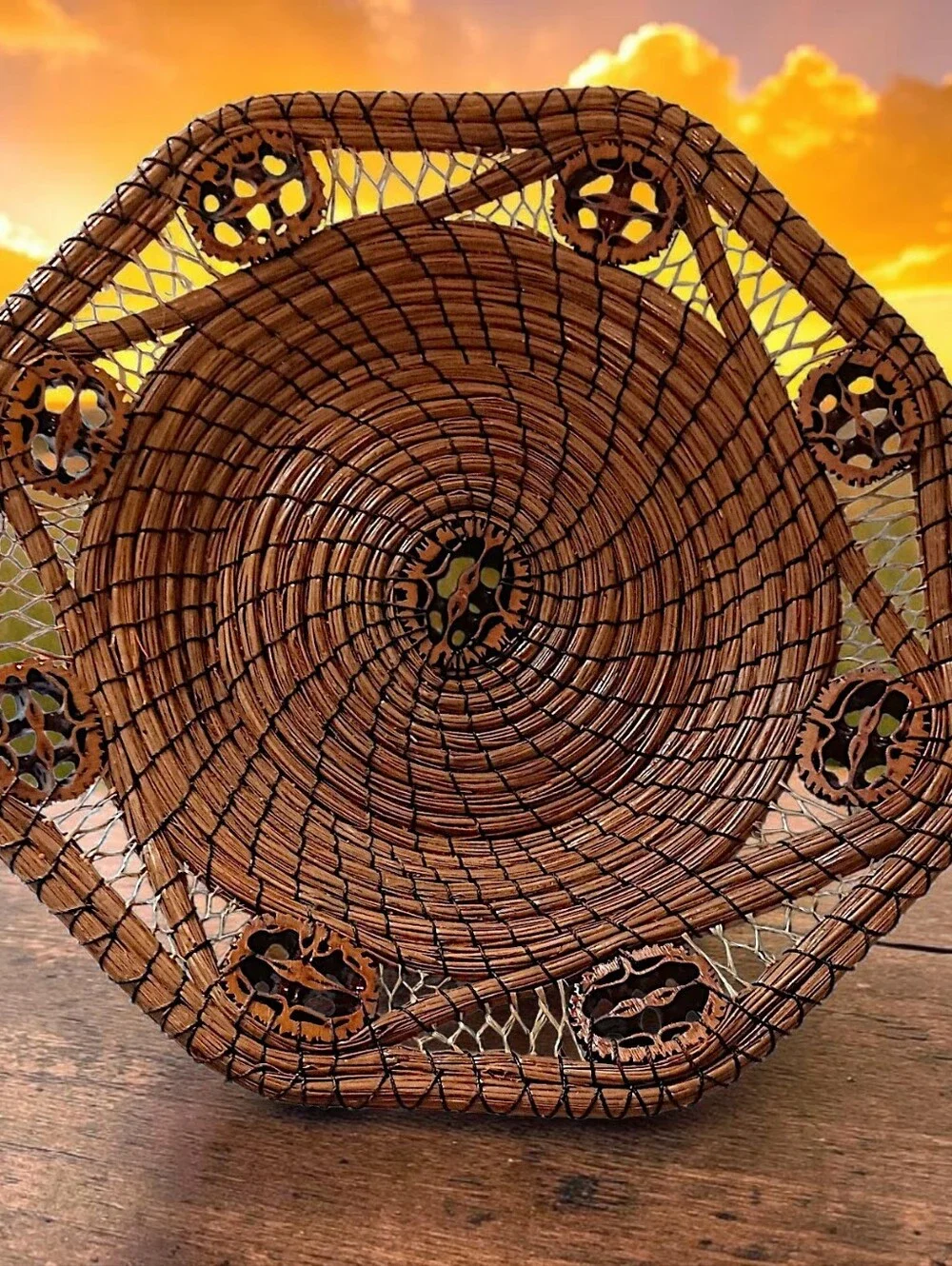 Vintage Long Pine Needle Basket Walnut Slice Inserts Coiled Folk Art Hand Woven
